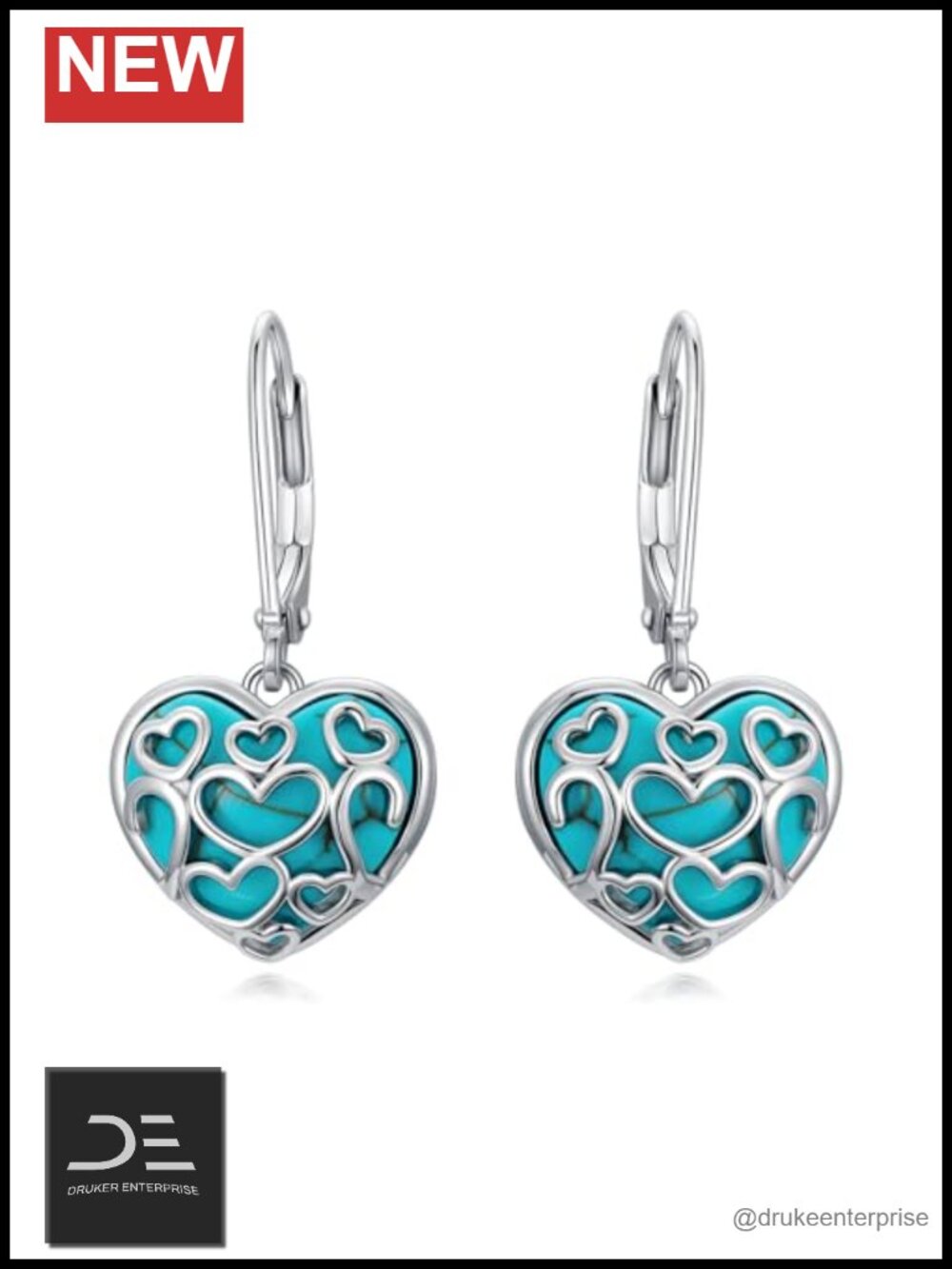 Real Turquoise Heart Dangle Earrings 925 Sterling Silver Drop Boho Western